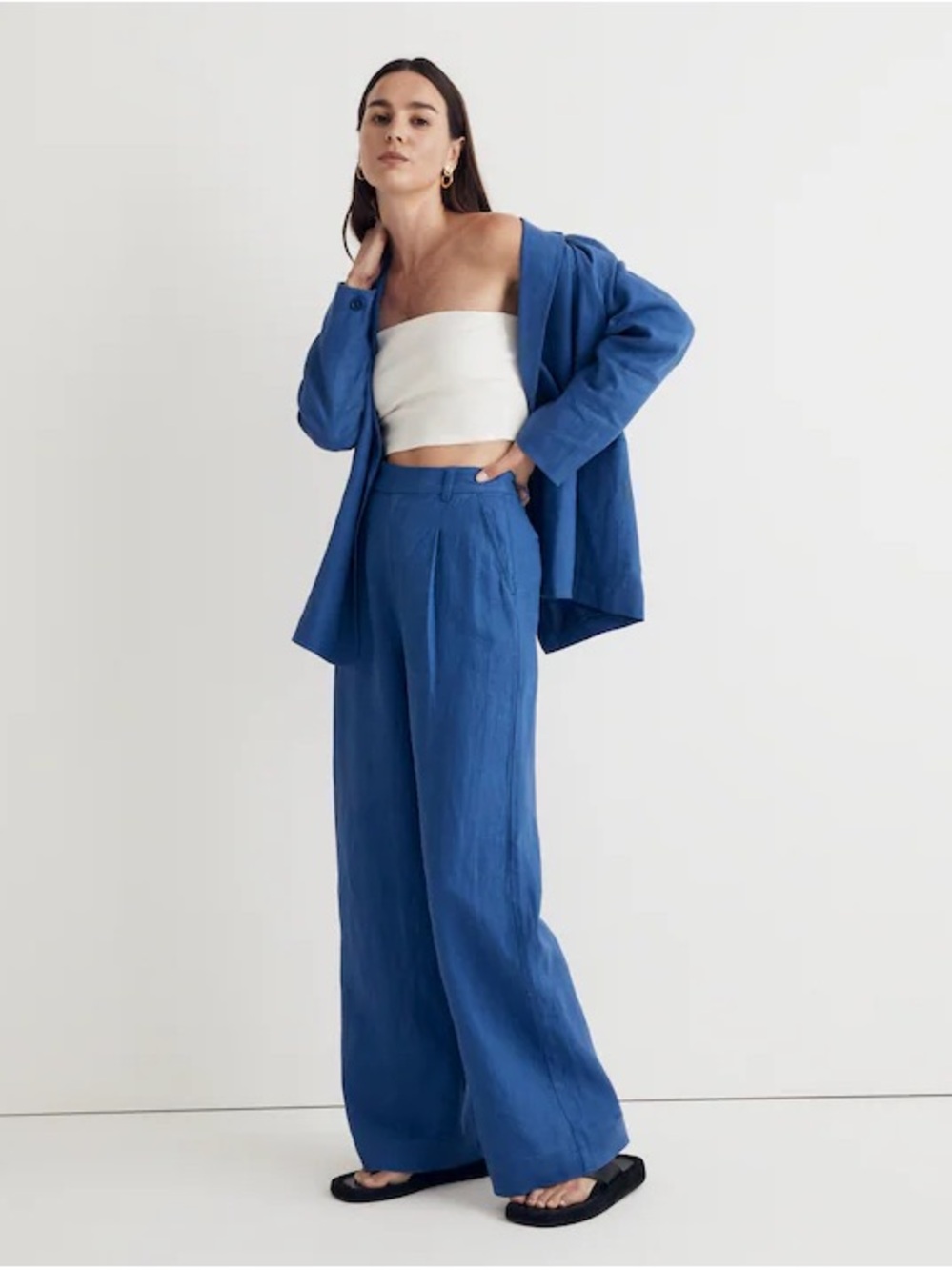 Madewell The Harlow Wide Leg Linen Blend Pants in Cobalt Blue